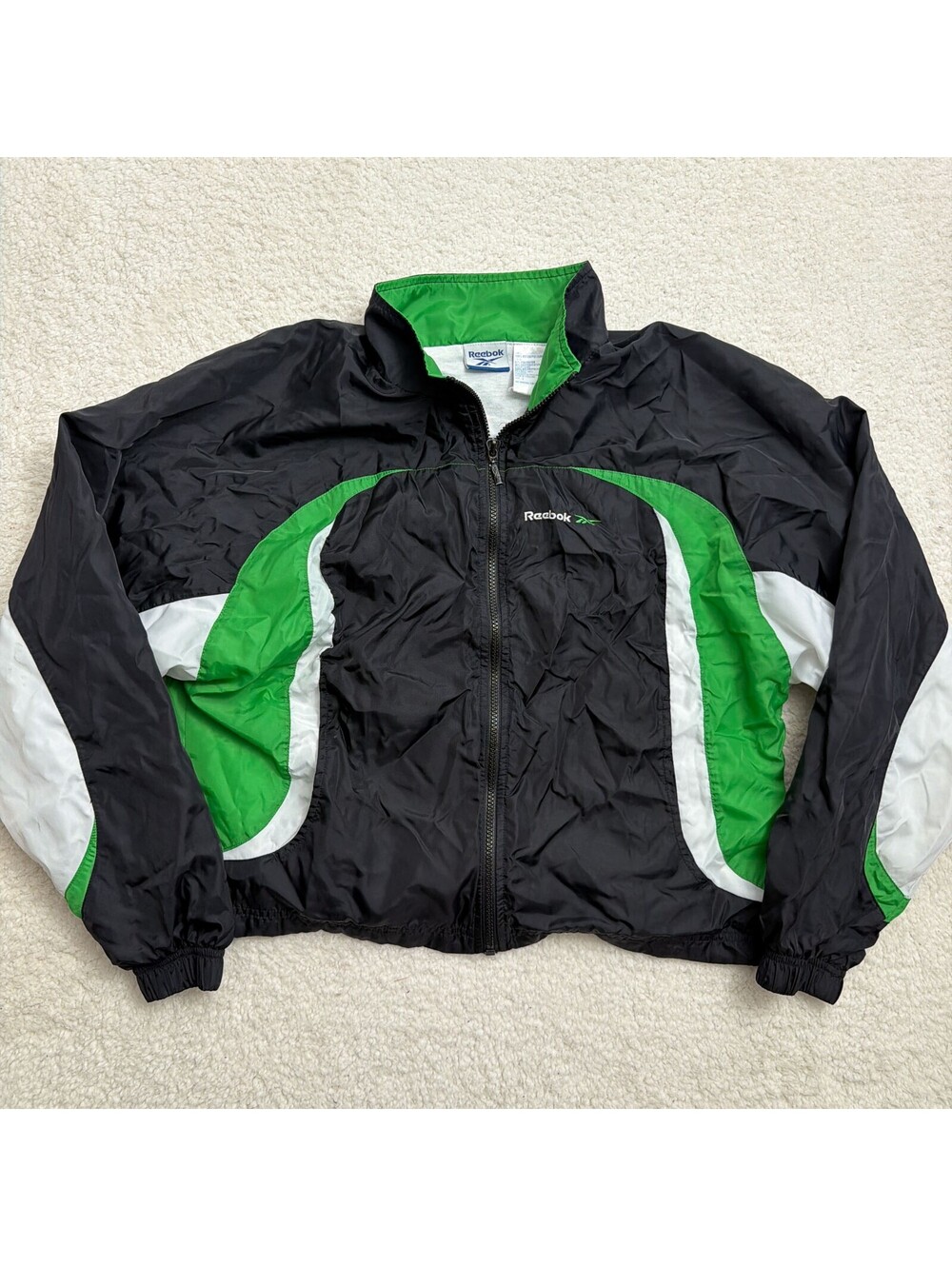 Vintage Reebok Windbreaker Mens L Black Green Colorblock Full Zip Track Jacket